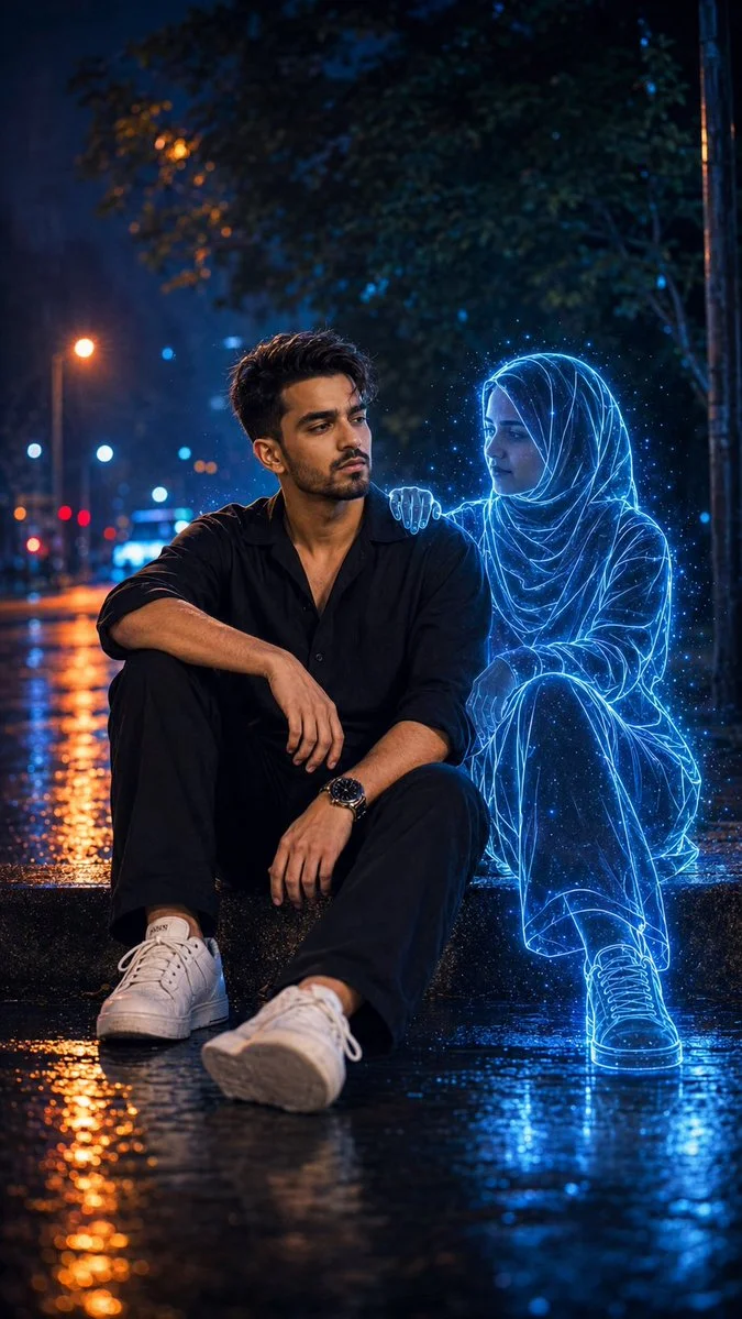Lonely man sits on wet curb beside glowing neon spirit