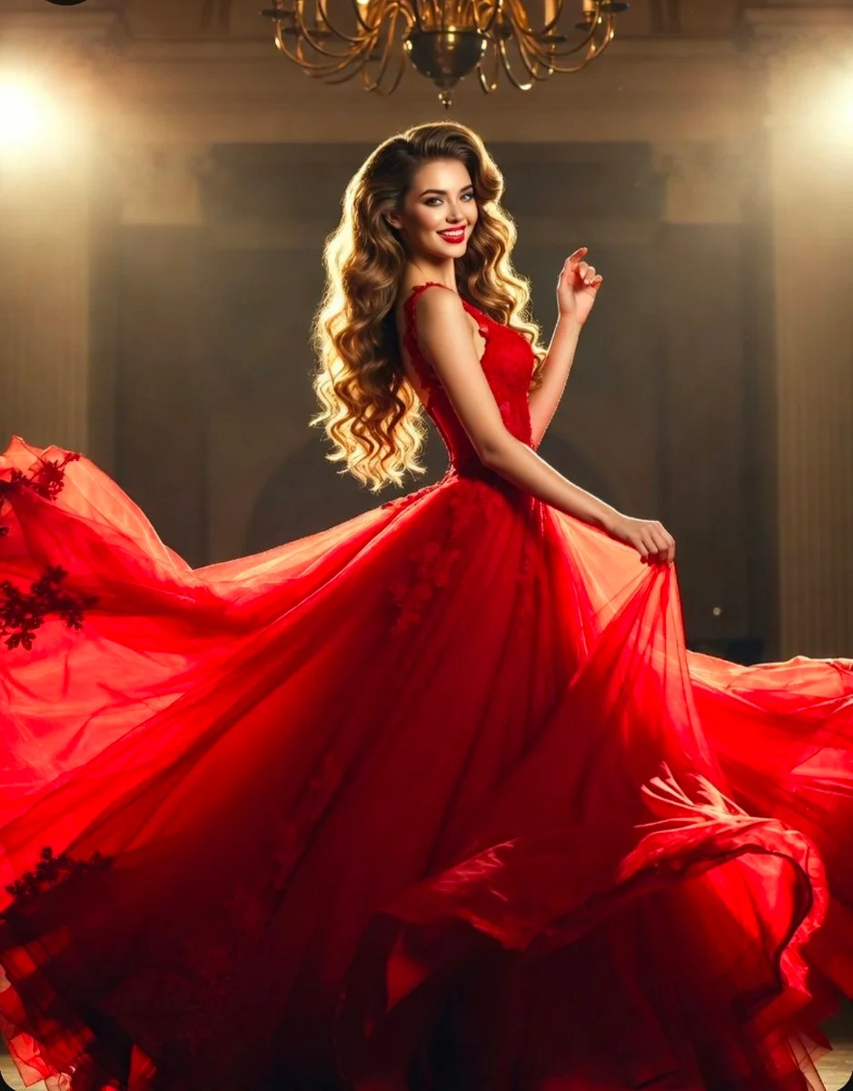 Long wavy hair and a vibrant red dress create regal elegance.