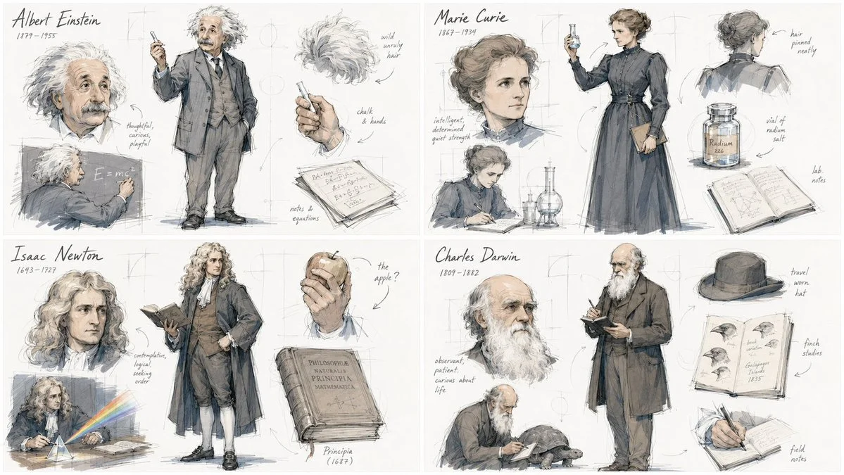 Loose concept art study of four scientists with sketchy lines