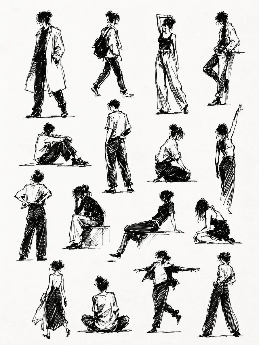 Loose hand-drawn silhouettes explore human poses on white paper