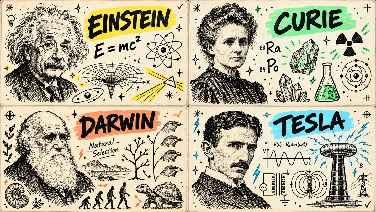 Loose Ink Sketch Portraits of Four Iconic Scientists on Aged Paper Grid