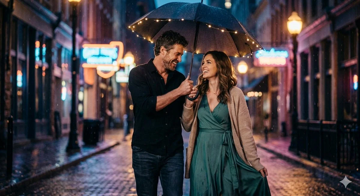Lovers walk hand-in-hand through a misty rain-soaked street at night