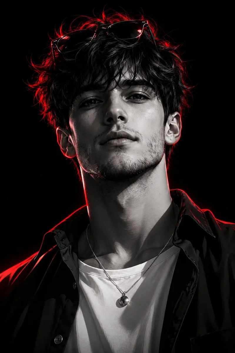 Low-angle portrait of a confident man with neon red rim lighting