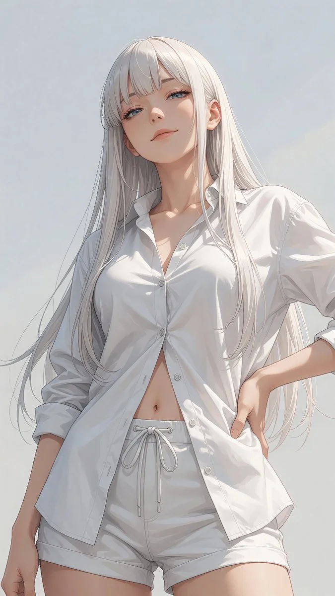 Low-angle shot captures elegant woman in casual white attire