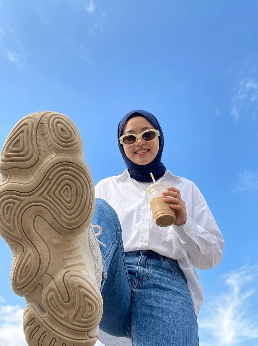 Low-angle shot captures sneaker sole dominating sunny streetwear scene