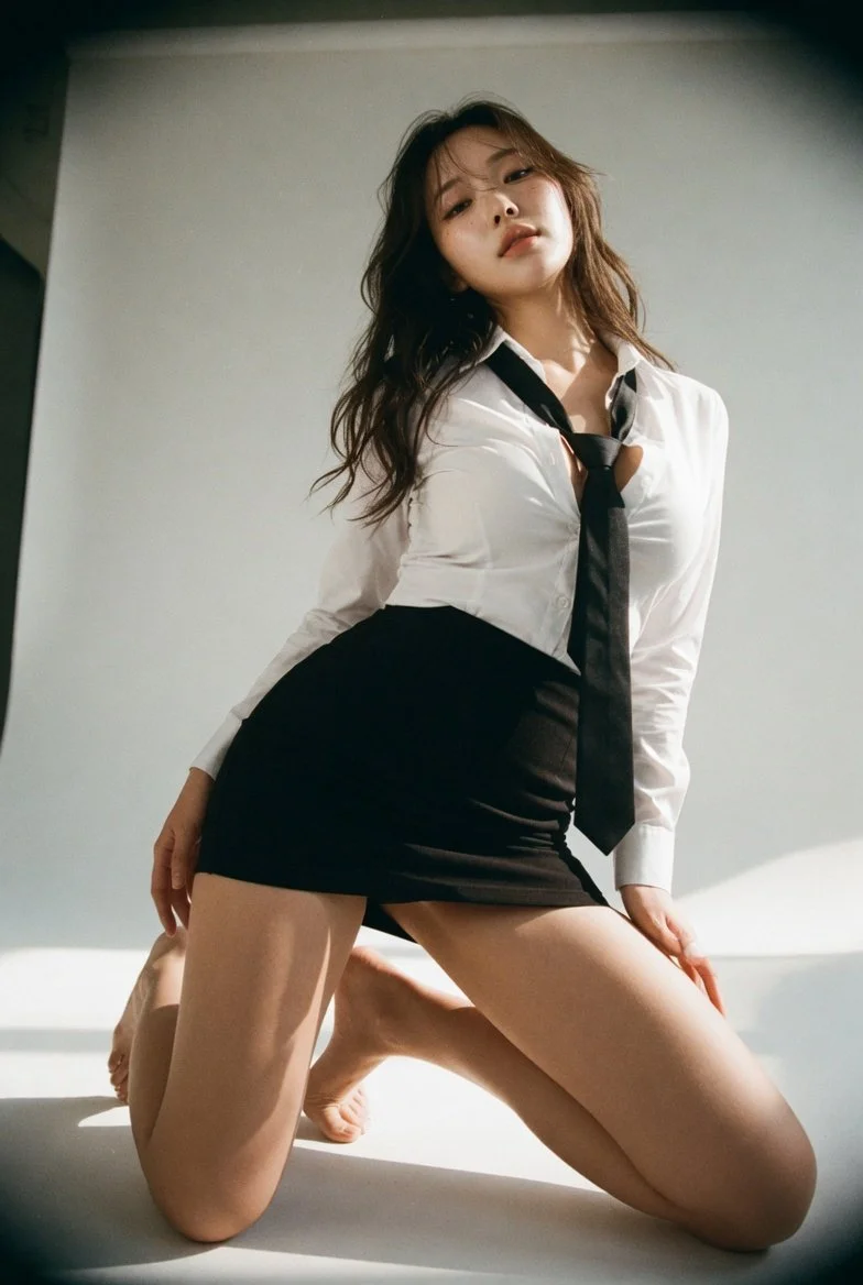 Low angle shot emphasizes long legs in dramatic film lighting
