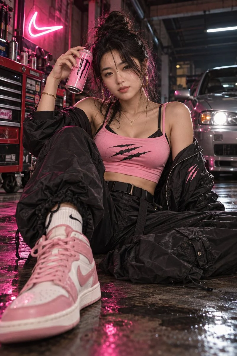 Low-angle shot of pink sneaker in neon-lit garage with can