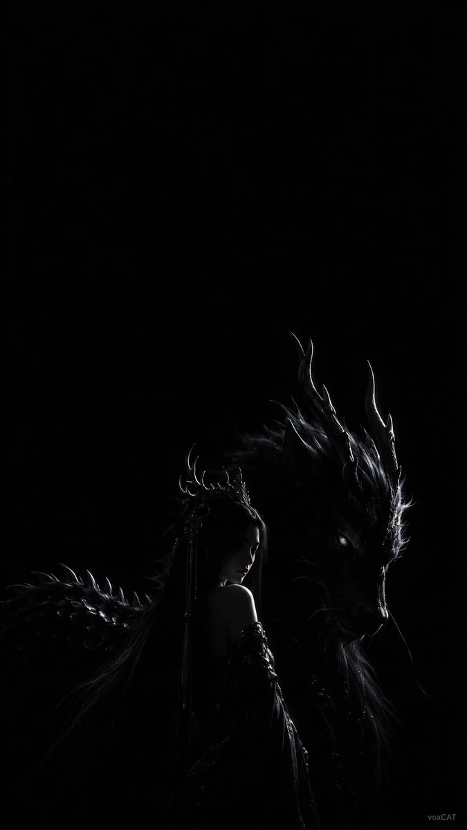 Low-key portrait reveals female warrior with mythical beast in black void