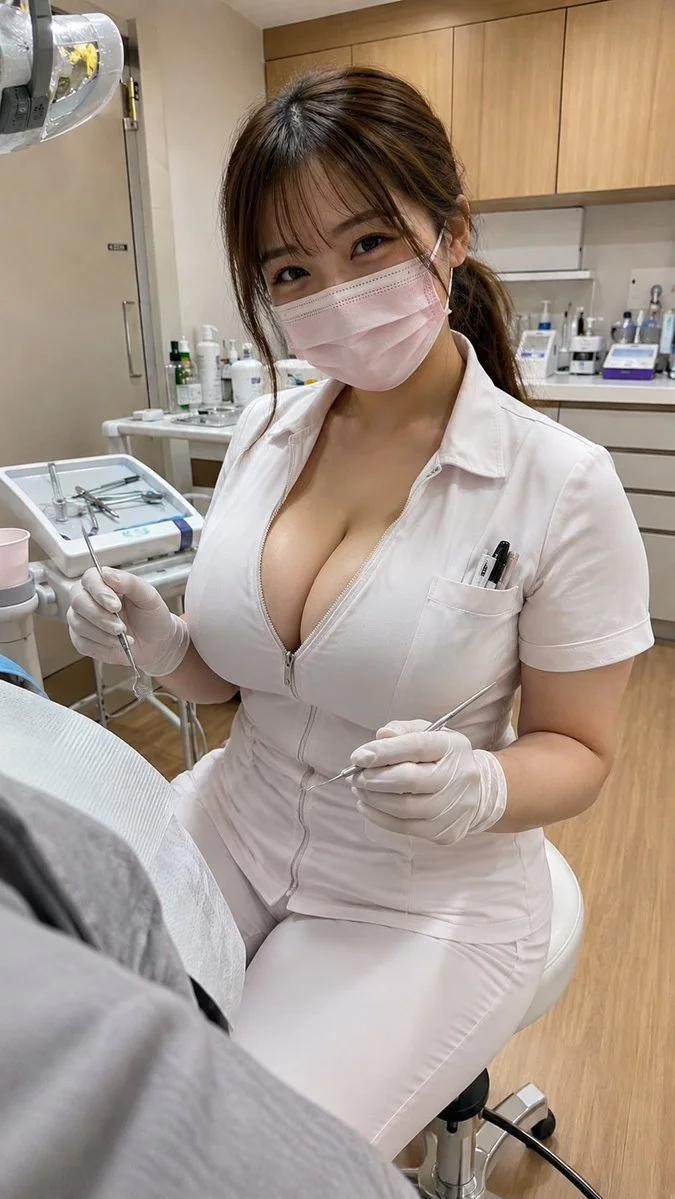 Low ponytail dental professional pauses work to glance at the camera
