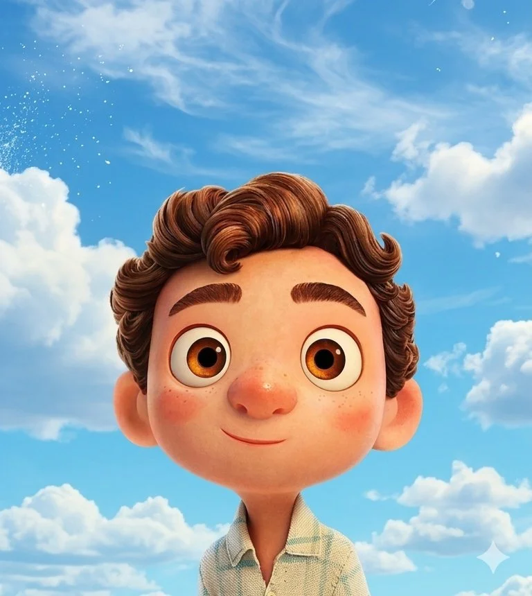 Luca's Upward Gaze Beneath a Vast Blue Sky