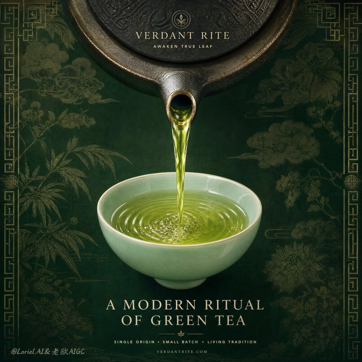 Luminous Green Tea Stream Pours Into Celadon Bowl
