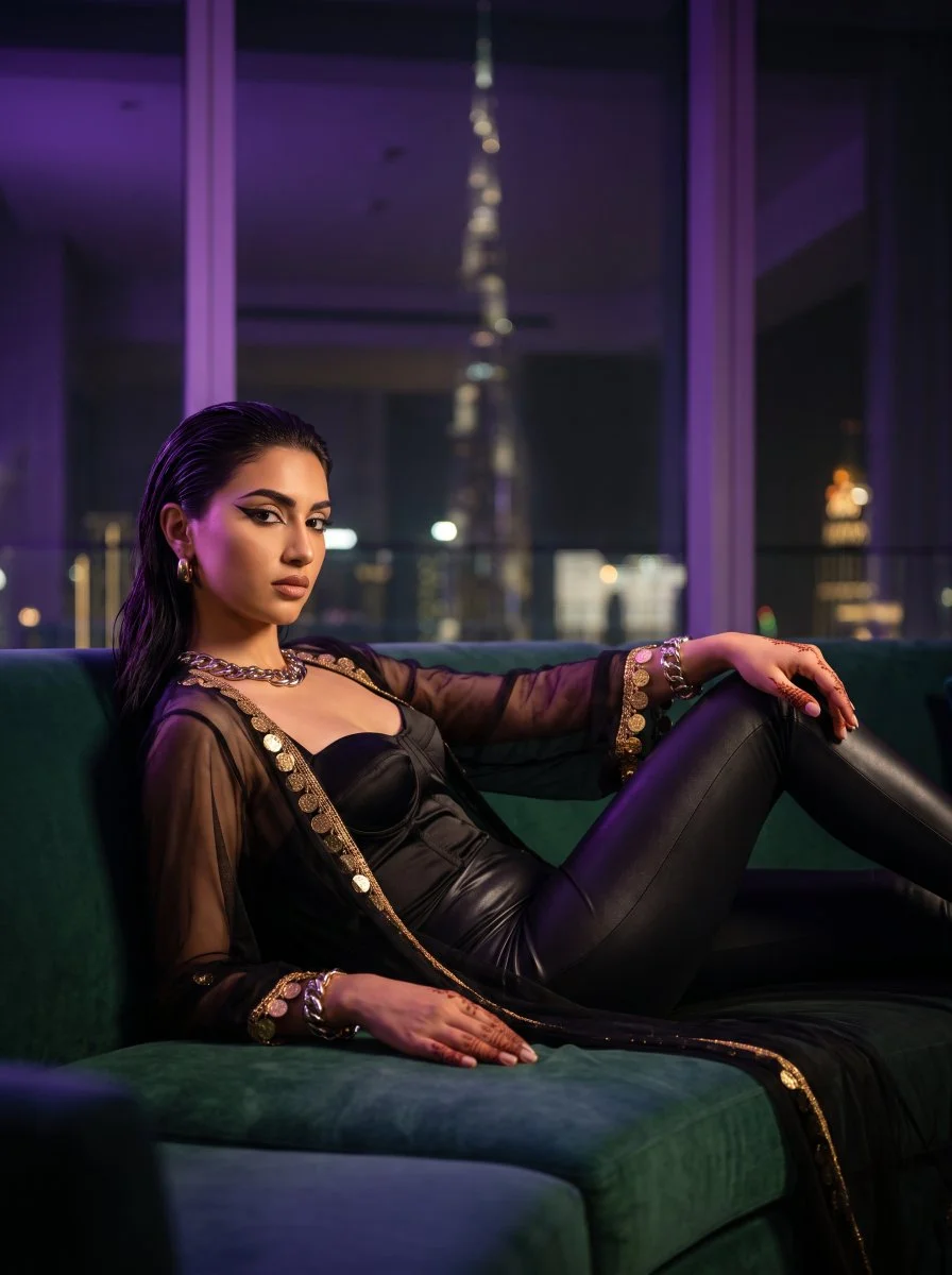 Luxurious After-Party Wind-Down Captured in Cinematic Dubai Skyline Portrait