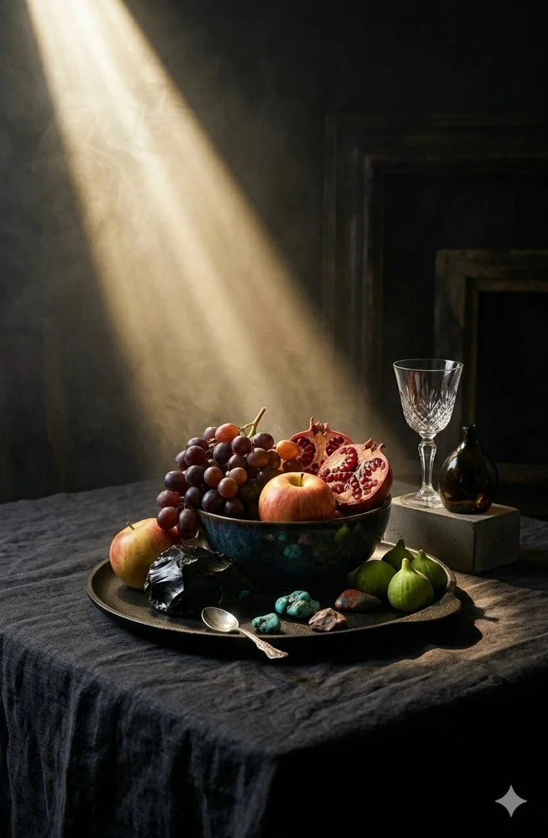 Luxurious Contrast: Amber Perfume Meets Exotic Mineral Display