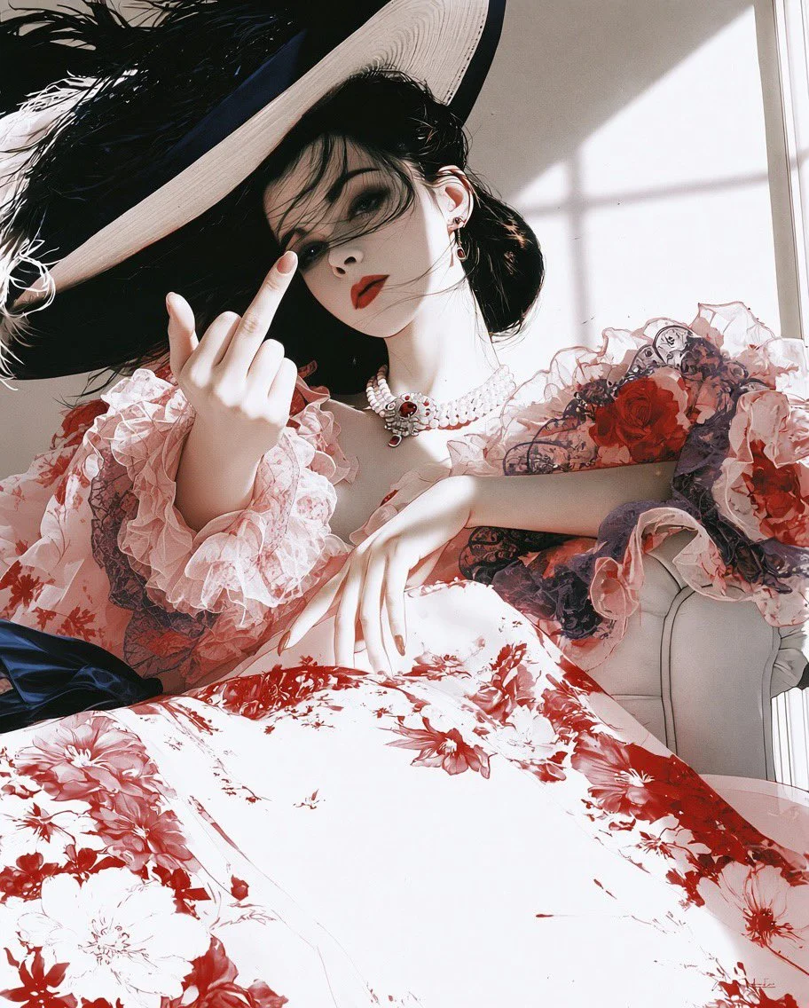Luxurious Rebel: Elegant Lady in Feathered Hat Gives a Sassy Gesture