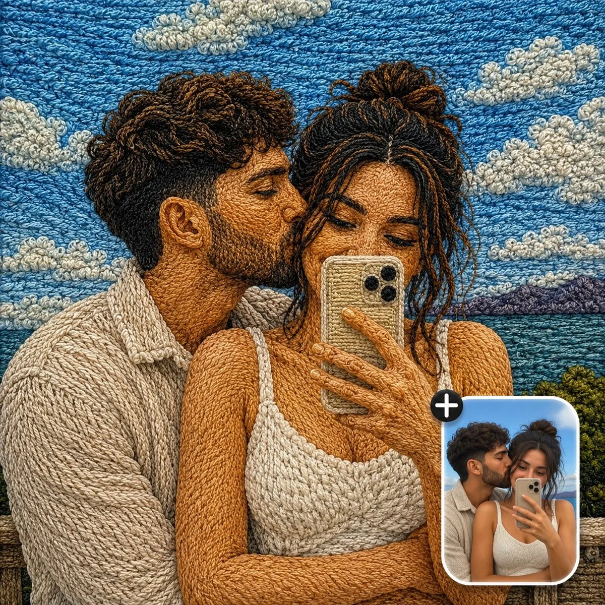 Luxurious yarn stitches recreate a couple's photo with tactile depth.