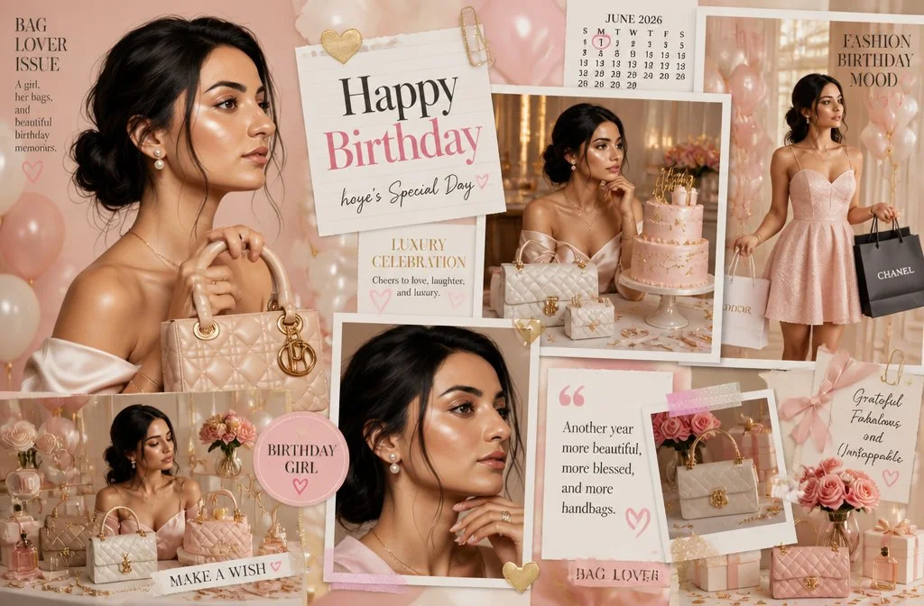 Luxury bag lover birthday girl poses in chic editorial collage