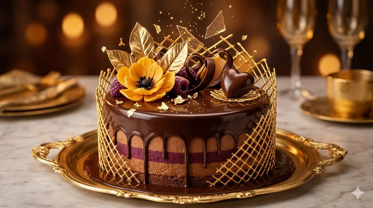 Luxury chocolate cake glistens under golden studio lights