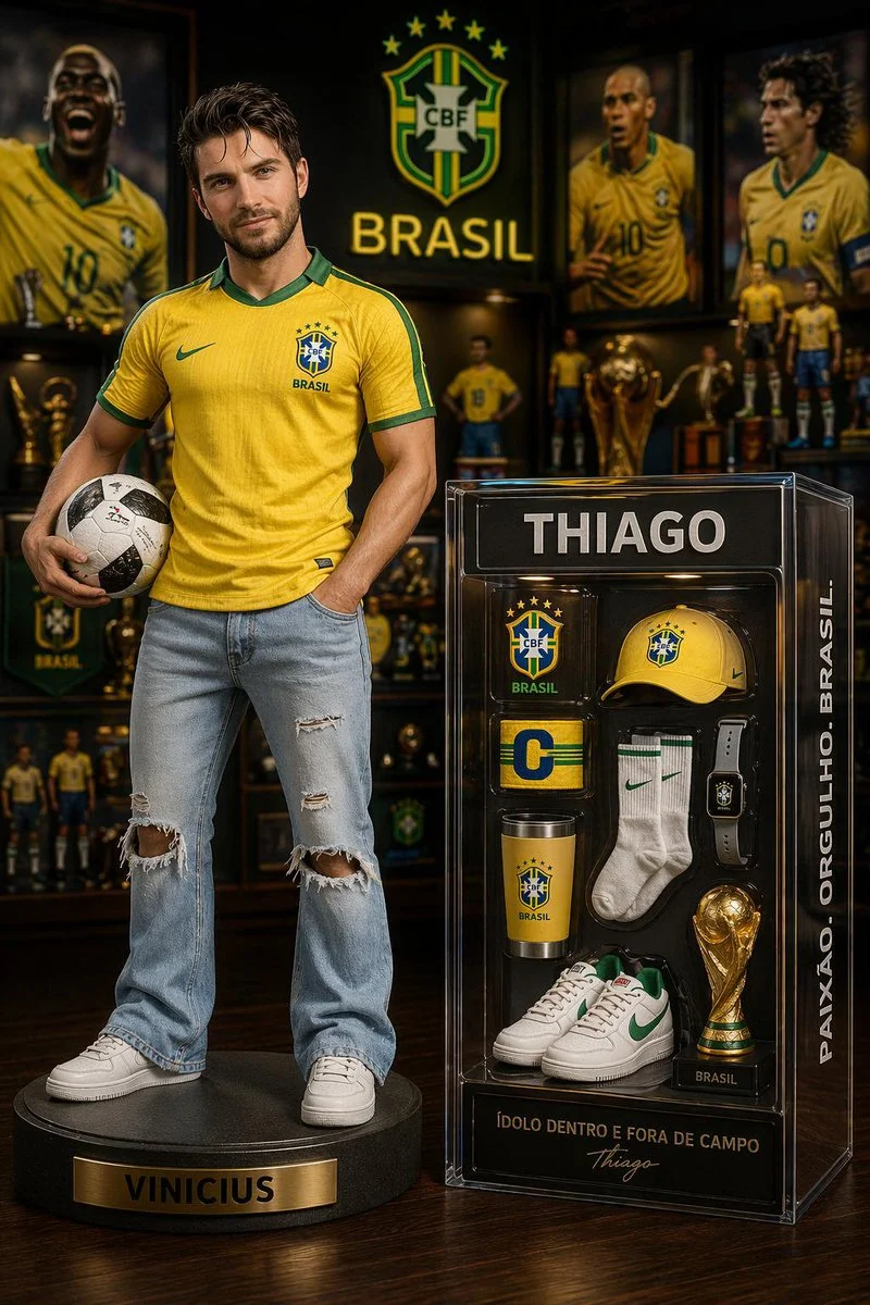 Luxury display box showcases team accessories beside the figure