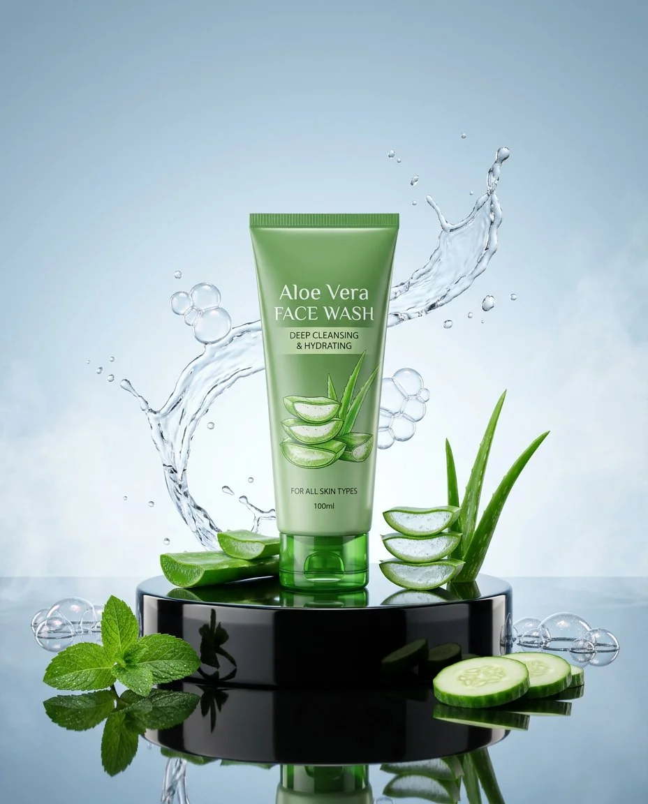 Luxury face wash tube stands on polished black stone pedestal
