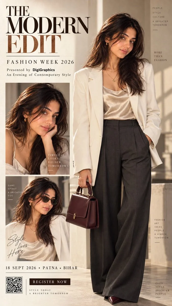 Luxury Fashion Editorial Poster Highlights Ivory Blazer and Burgundy Handbag