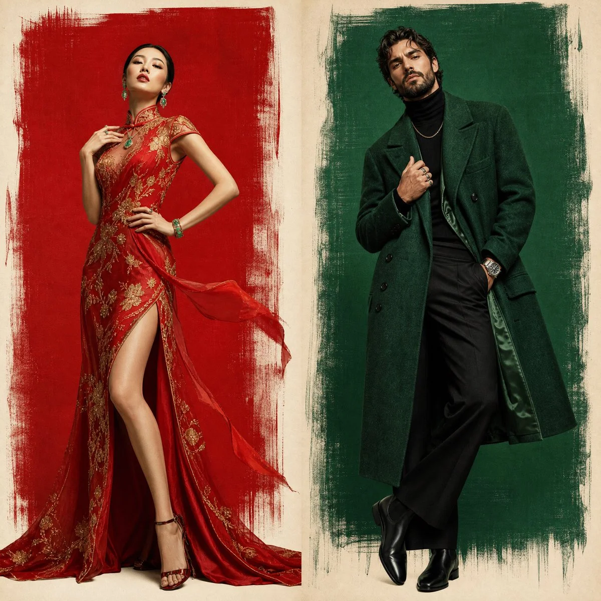Luxury Fashion Poster Showcasing East Asian Elegance and Modern Masculinity