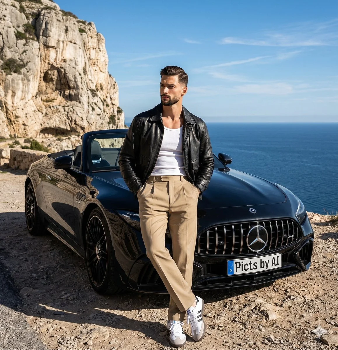 Luxury Meets Nature: Dynamic Editorial with Black Mercedes and Rugged Cliff