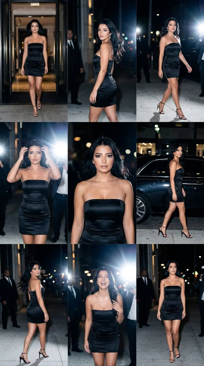 Luxury Night Exit in Black Satin Mini Dress Captured in Cinematic Flash