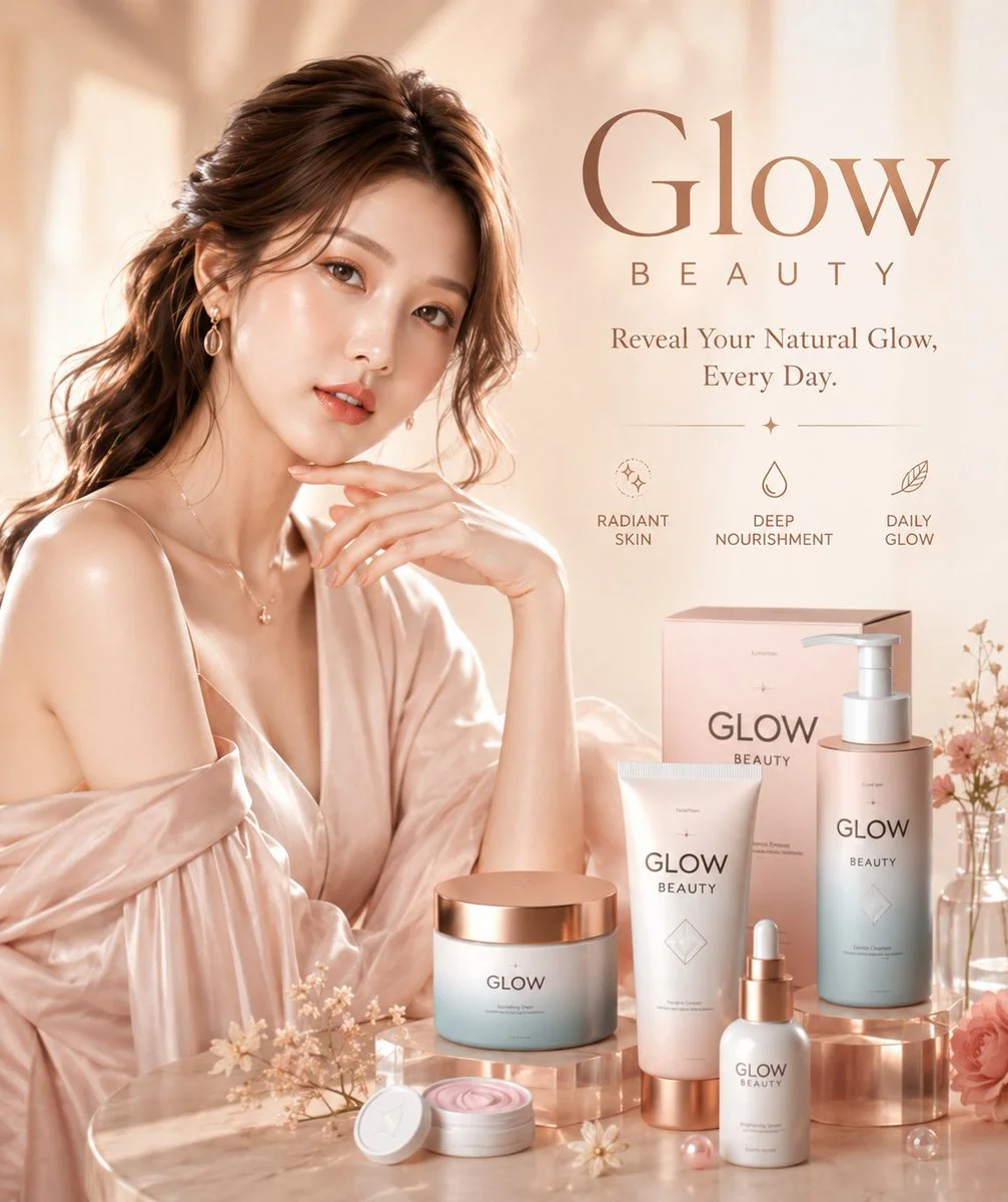 Luxury skincare campaign model glows in soft pastel light