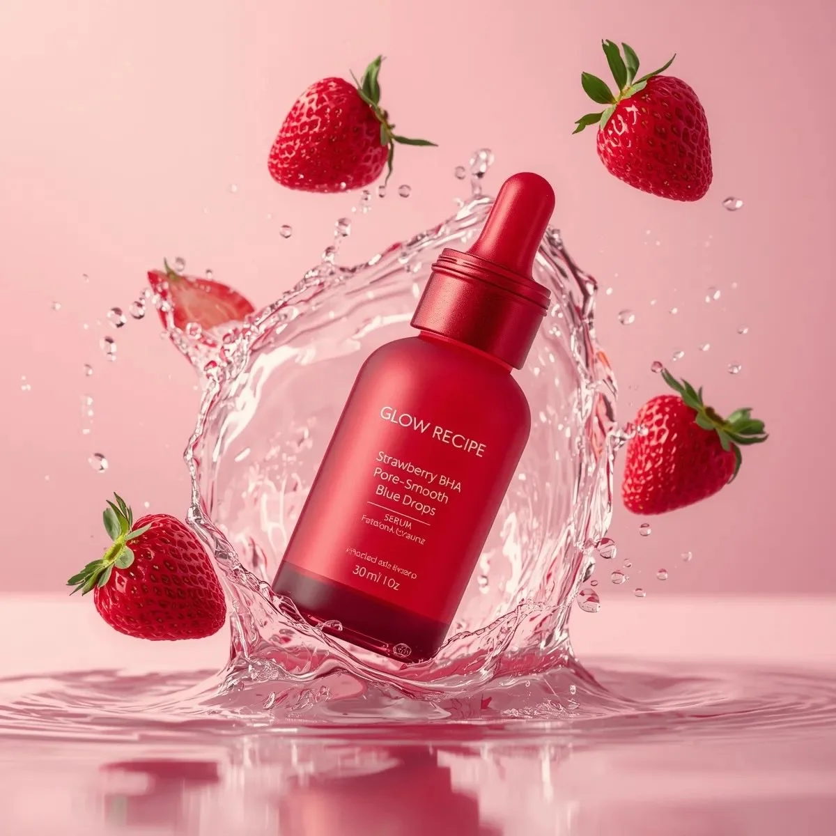 Luxury Skincare in Motion: Red Serum & Strawberries