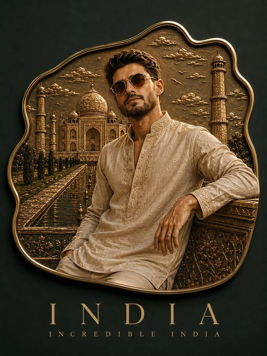 Luxury travel magnet showcasing Taj Mahal and gold accents