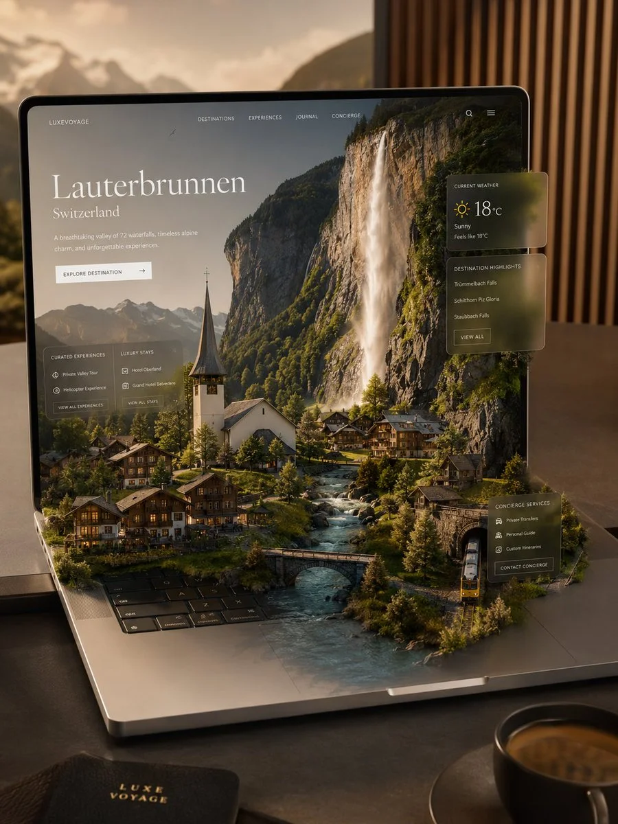 Luxury travel platform visualized as a miniature Milford Sound