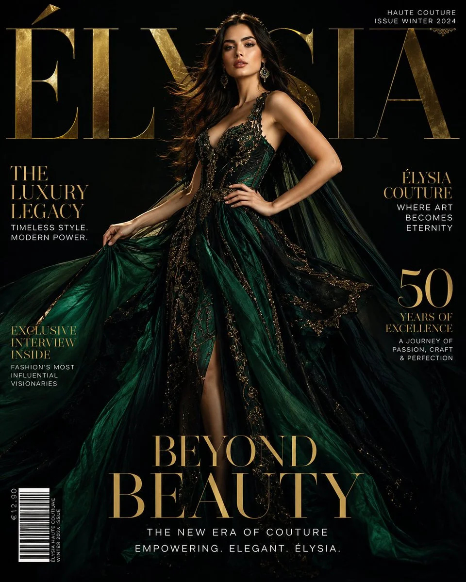 Élysia supermodel poses in emerald-black couture for luxury cover