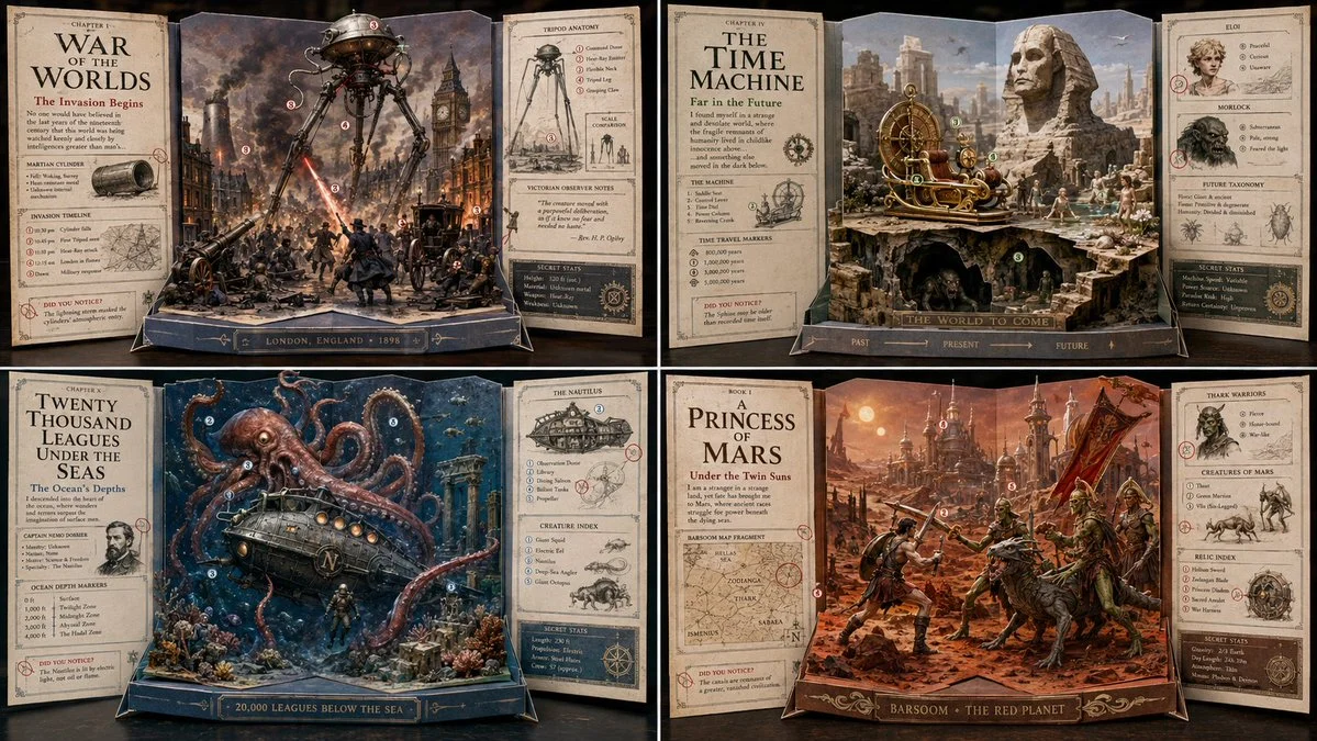 Macro gatefold reveals an isometric sci-fi pop-up dossier