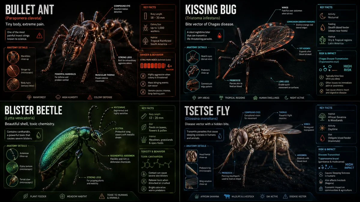 Macro infographic reveals four tiny insects with hidden deadly powers