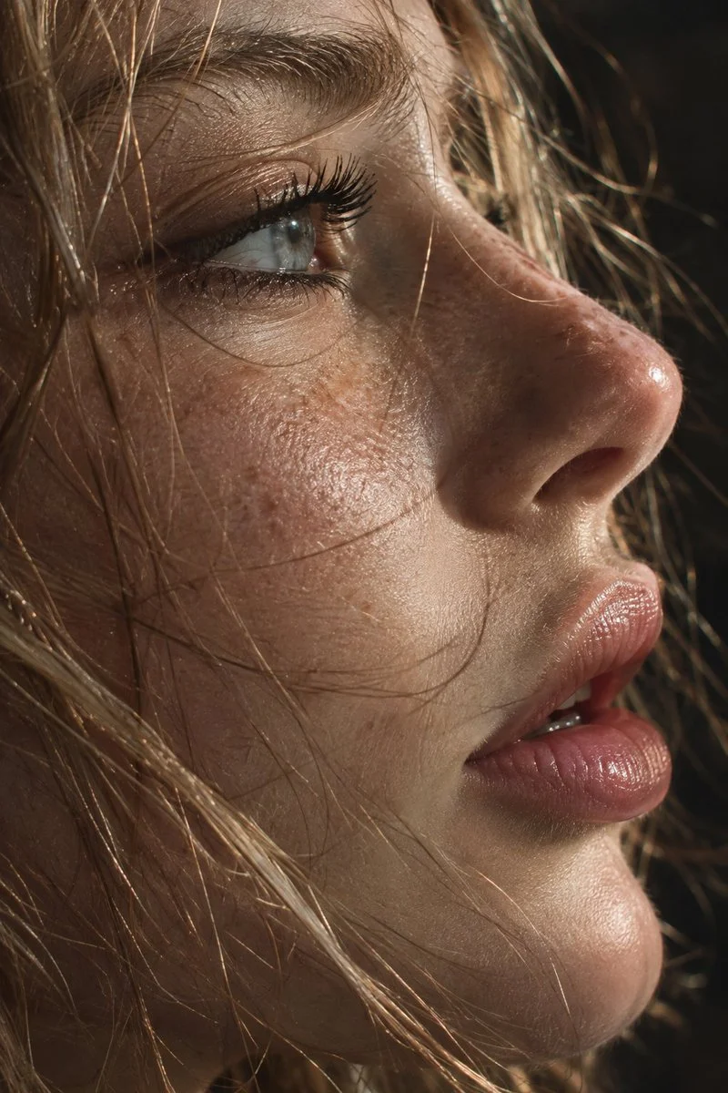 Macro portrait reveals raw skin texture under dramatic side lighting