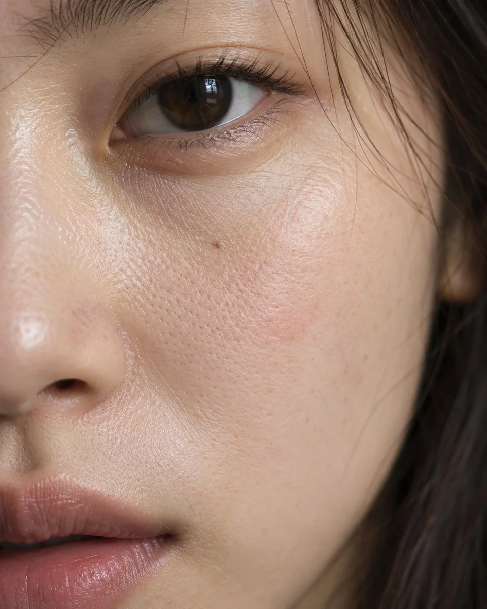 Macro shot reveals authentic skin texture under soft directional light