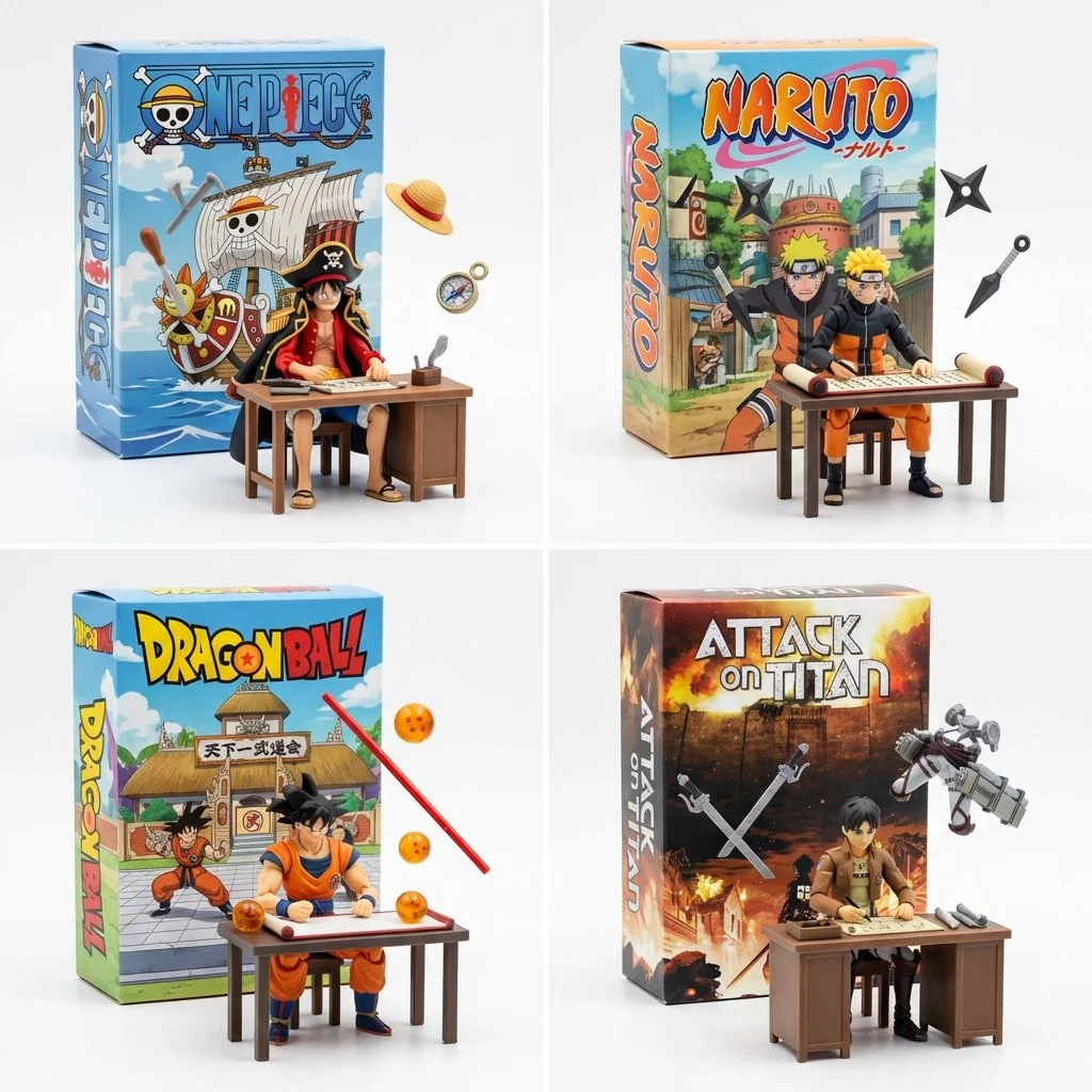Macro Toy Photography: Manga Creation in a 2x2 Grid Composition