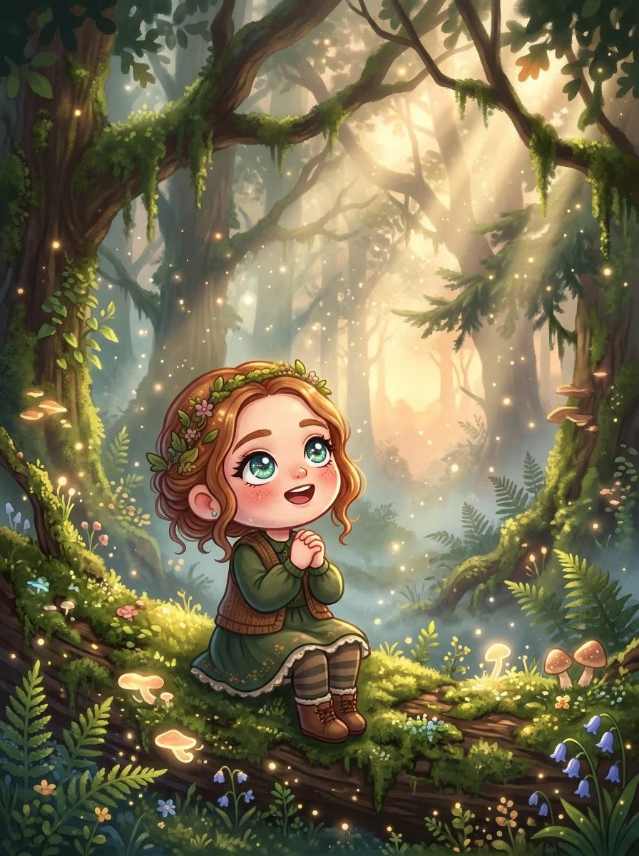 Magical Chibi in a Misty Forest at Dawn