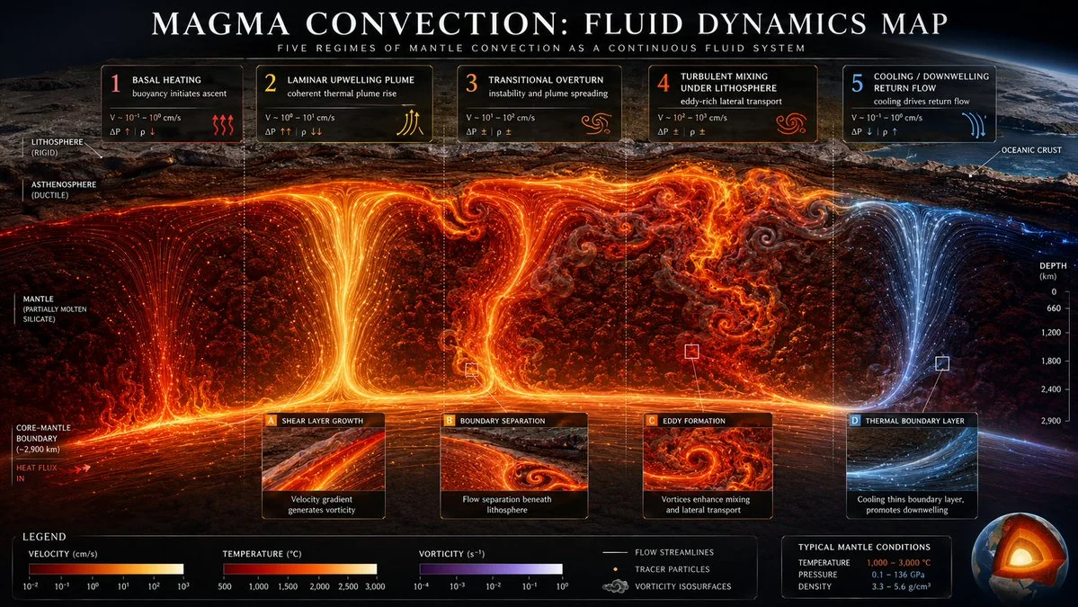 Magma convection reveals turbulent plumes in Earth's mantle depths.