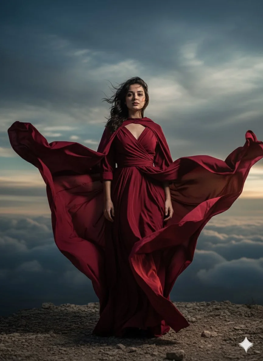 Majestic Wind: A Fashion Portrait Above the World