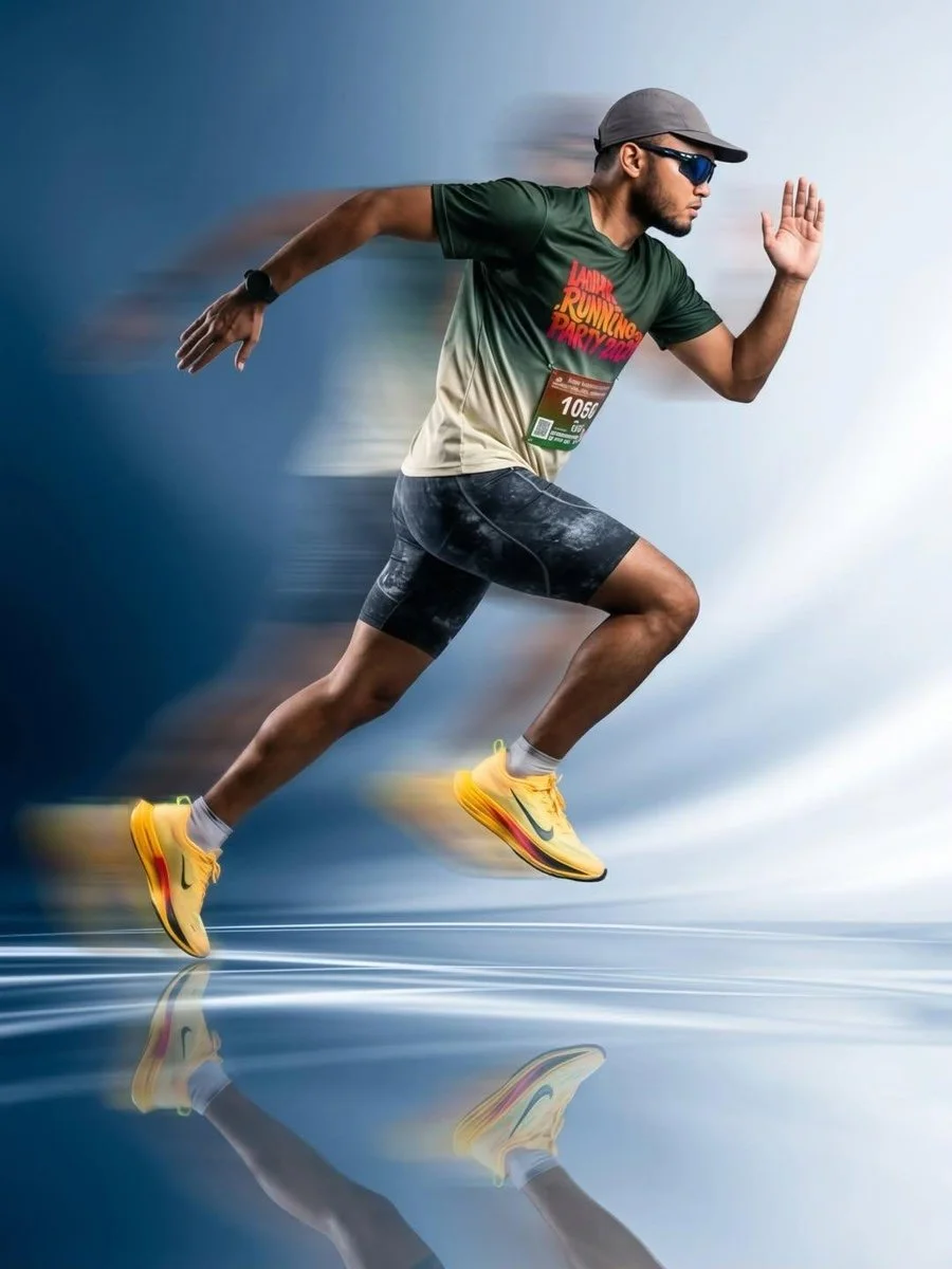 Male athlete sprints mid-air with motion blur on blue background