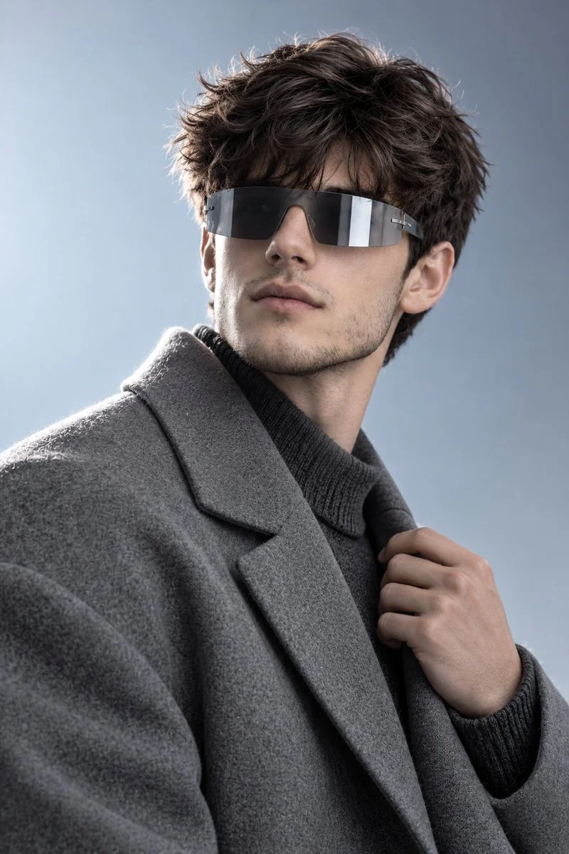 Male model in ash-gray coat poses against icy gradient backdrop