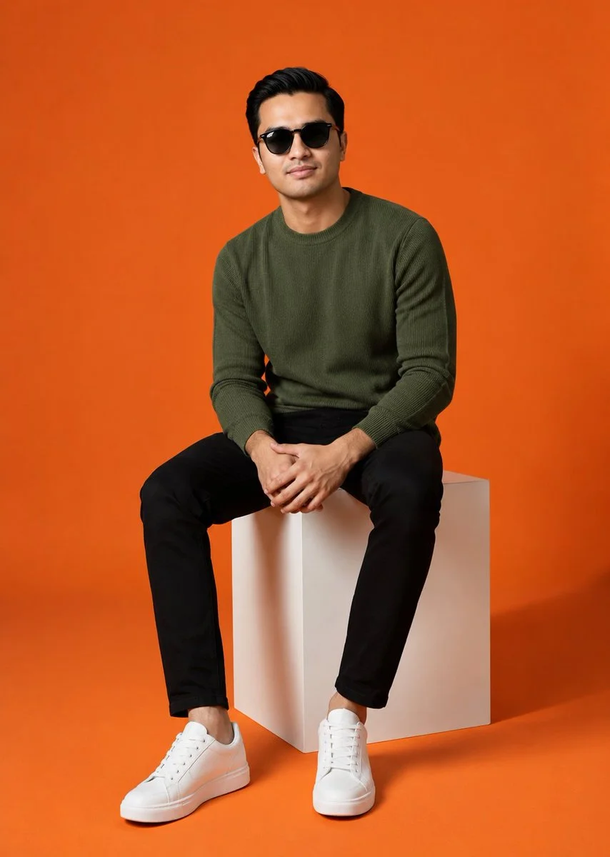 Male model in green sweater sits on white cube with orange backdrop