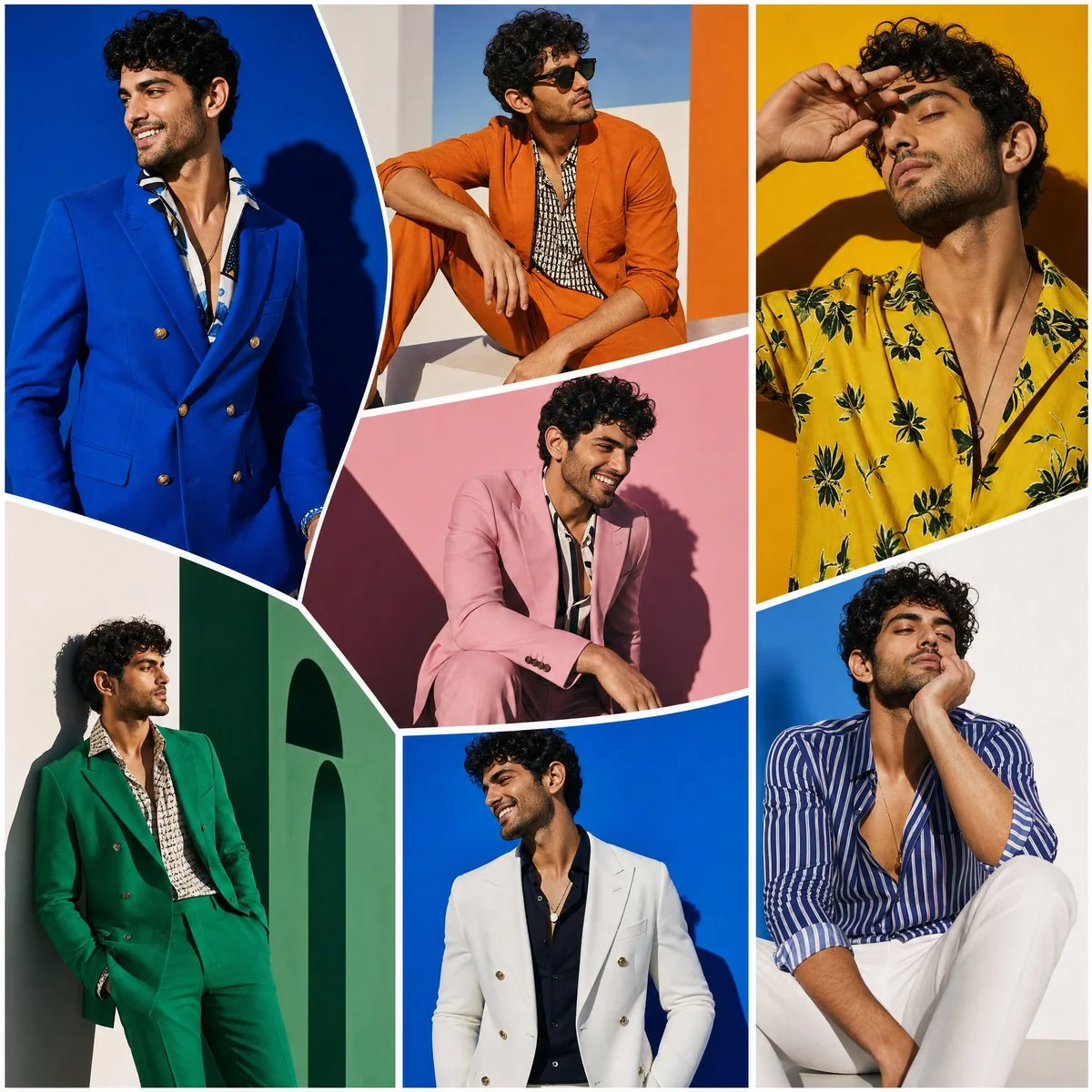 Male model poses across oversized colorful panels in gallery