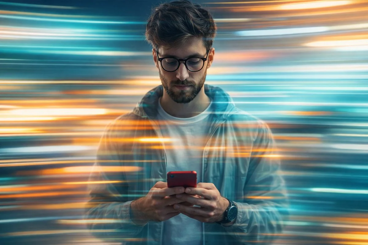Man Amidst Neon Speed-Light Trails with Reflective Motion Blur