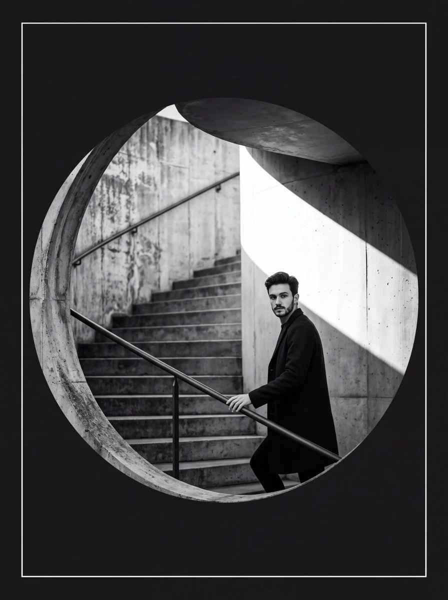 Man Ascending Brutalist Stairwell Looks Back Through Circular Porthole