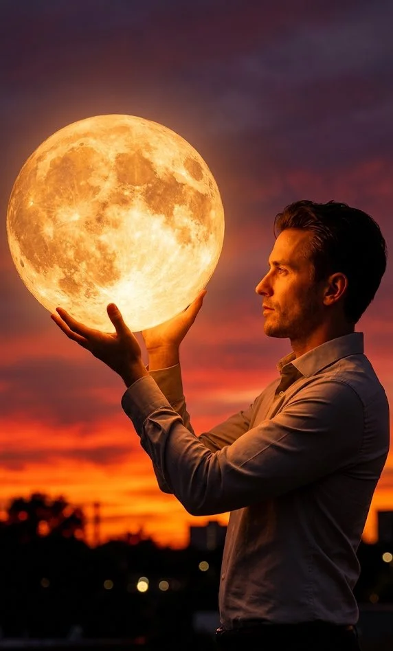 Man Cradling a Radiant Full Moon at Sunset