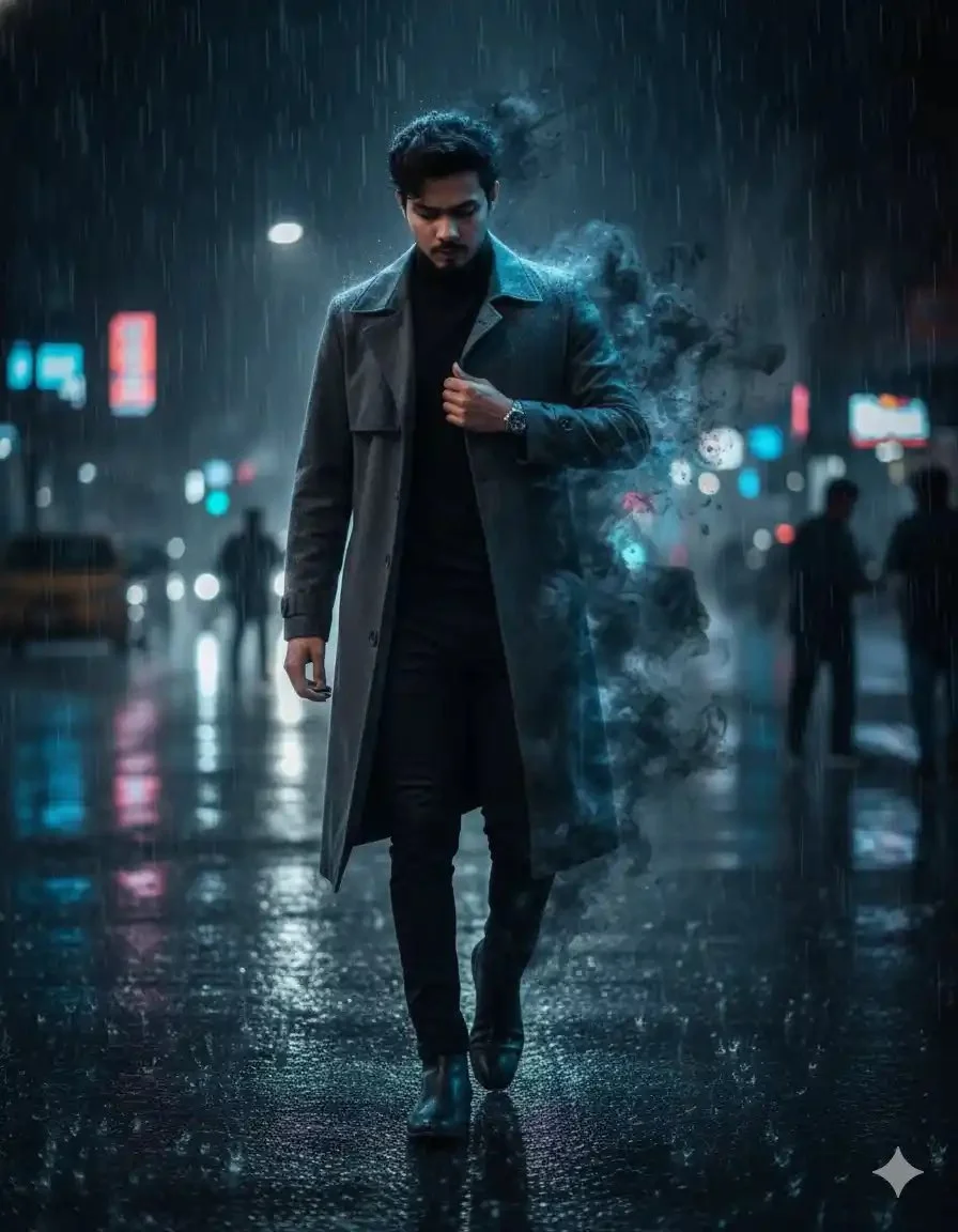 Man Dissolving into Smoke on Neon Rain Street