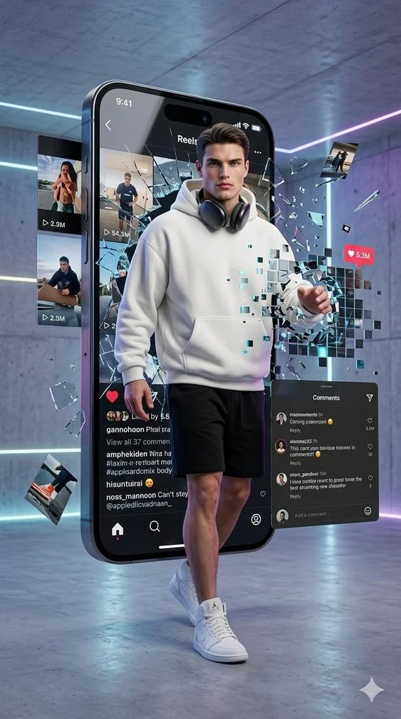 Man Emerging from 3D Instagram Reels in Ultra-Realistic Portrait