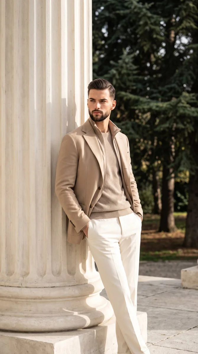 Man in beige jacket leans against classical column in sunlit grove